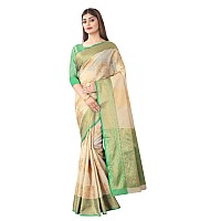 Enthone Womens Tusser Silk Kota Checks Saree With Unstitched Blouse Piece(Beige & Green)