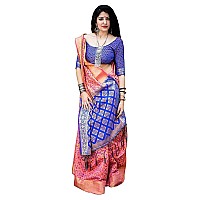 Panzora Womens Banarasi Patola Silk Saree With unstitched Bloue Piece (Blue-Pink)