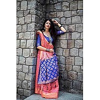 Panzora Womens Banarasi Patola Silk Saree With unstitched Bloue Piece (Blue-Pink)