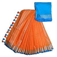 HAIDER ALI AND SONS Womens Linen Slub Saree with Blouse Piece Orange