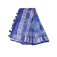 HAIDER ALI AND SONS Womens Linen Slub Batik Print Saree with Blouse(Blue)