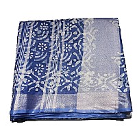 HAIDER ALI AND SONS Womens Linen Slub Batik Print Saree with Blouse(Blue)