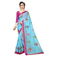 Shreeji Designer Womens Ari Embroidery Work and Chanderi Cotton Saree With Blouse Piece (Orange & Blue)