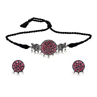 Yellow Chimes Ethnic German Silver Oxidised Studded Stone Peacock Design Threaded Choker Necklace Set Traditional Jewellery Set for Women and Girls, silver, pink, medium (YCTJNS-PECKSTON-PK)