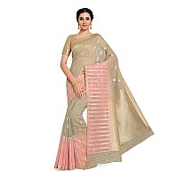 MIMOSA Cotton Blend Women Beige Color Cotton Banarasi Silk Saree With Unstitched Blouse