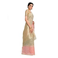 MIMOSA Cotton Blend Women Beige Color Cotton Banarasi Silk Saree With Unstitched Blouse