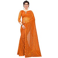 LOROFY Womens Net Saree With BlouseFree Size Orange