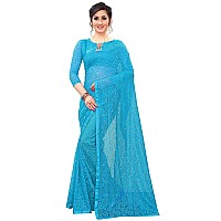 LOROFY Womens Net Saree With BlouseFree Size Sky Blue