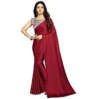 Kaugalian store Elegant Womens Solid Satin Silk Saree With Digital Printed Unstitched Blouse Piece - Sky Blue & Maroon