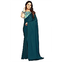 Kaugalian store Womens Solid Satin Silk Saree With Digital Printed Unstitched Blouse Piece - Sky Blue & Prussian Blue