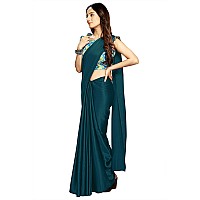 Kaugalian store Womens Solid Satin Silk Saree With Digital Printed Unstitched Blouse Piece - Sky Blue & Prussian Blue