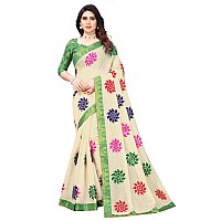 Shreeji Designer Womens Ari Embroidery Work and Chanderi Cotton Saree With Blouse Piece (White & Green)