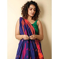 Sareekatha Womens Khadi Cotton Silk Handloom Saree with Temple Border (Blue)