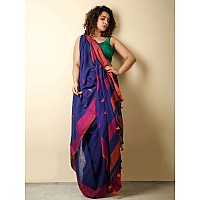 Sareekatha Womens Khadi Cotton Silk Handloom Saree with Temple Border (Blue)