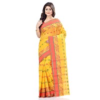 dB DESH BIDESH Women`s Traditional Bengal Tant Woven RangDeBasanti Design Pure Handloom Cotton Saree Without Blouse Piece (Yellow)