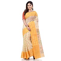 dB DESH BIDESH Women`s Bengal Tant Jamdani Printed Handloom Cotton Saree Without Blouse Piece (Yellow)