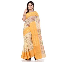 dB DESH BIDESH Women`s Bengal Tant Jamdani Printed Handloom Cotton Saree Without Blouse Piece (Yellow)