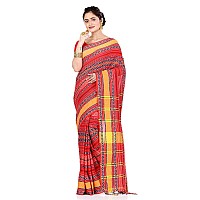 Sareekatha Women Traditional Bengal Pure Handloom Cotton Saree With Unstitched Blouse Piece (Red)