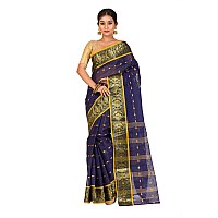 RAJ SAREE HOUSE Womens Traditional Pure Cotton Bengali Handloom Tant Saree - Without Blouse Piece (Navy Blue)