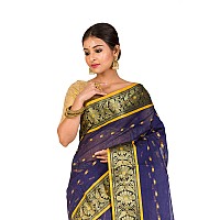 RAJ SAREE HOUSE Womens Traditional Pure Cotton Bengali Handloom Tant Saree - Without Blouse Piece (Navy Blue)