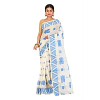 RAJ SAREE HOUSE Womens Traditional Pure Cotton Bengali Handloom Tant Saree - Without Blouse Piece (Off- White-Sky)