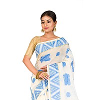 RAJ SAREE HOUSE Womens Traditional Pure Cotton Bengali Handloom Tant Saree - Without Blouse Piece (Off- White-Sky)