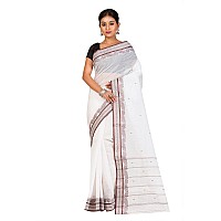 RAJ SAREE HOUSE Womens Traditional Pure Cotton Bengali Handloom Tant Saree without Blouse Piece White