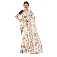 RAJ SAREE HOUSE Womens Traditional Pure Cotton Bengali Handloom Tant Saree - Without Blouse Piece (Off- White-Tamak)