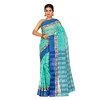 RAJ SAREE HOUSE Womens Traditional Pure Cotton Bengali Handloom Tant Saree Without Blouse Piece CGreen