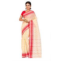 RAJ SAREE HOUSE Womens Traditional Pure Cotton Bengali Handloom Tant Saree without Blouse Piece - (Off-White Red)