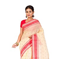 RAJ SAREE HOUSE Womens Traditional Pure Cotton Bengali Handloom Tant Saree without Blouse Piece - (Off-White Red)