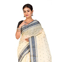 RAJ SAREE HOUSE Womens Traditional Pure Cotton Bengali Handloom Tant Saree without Blouse Piece - (Off-White Still)