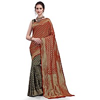 EthnicJunction Womens Kanchipuram Silk Half and Half Woven Saree With Blouse Piece (EJ6004-Kanjeevaram-Black Red_Black & Red)