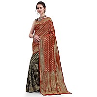 EthnicJunction Womens Kanchipuram Silk Half and Half Woven Saree With Blouse Piece (EJ6004-Kanjeevaram-Black Red_Black & Red)