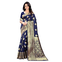 Shasmi Navy Blue and Golden Silk Blend Banaras Jacquard Woven Designing Saree for Women (San Pari 6