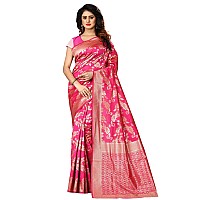 Shasmi Rani Pink and Golden Silk Blend Kanchipuram Jacquard Woven Designing Saree for Women (San Pari 37