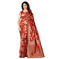 Shasmi Red and Golden Silk Blend Banaras Jacquard Woven Designing Saree for Women (San Pari 37