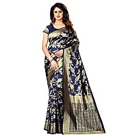 Shasmi Navy Blue and Golden Silk Blend Banaras Jacquard Woven Designing Saree for Women (San Pari 37