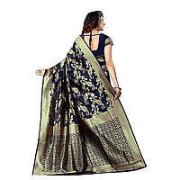 Shasmi Navy Blue and Golden Silk Blend Banaras Jacquard Woven Designing Saree for Women (San Pari 37