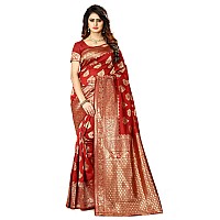 Shasmi Womens Designer Kanchipuram Banarasi Silk Blend Jacquard Woven Design Sarees (Red and Gold)