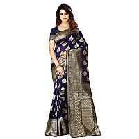 Shasmi Womens Designer Kanchipuram Banarasi Silk Blend Jacquard Woven Design Sarees (Navy Blue and Golden)