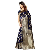 Shasmi Womens Designer Kanchipuram Banarasi Silk Blend Jacquard Woven Design Sarees (Navy Blue and Golden)