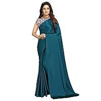 Kaugalian store Plain Satin Silk Saree with Printed Blouse piece for girls and women. (Blue) (PRUSSIAN BLUE)