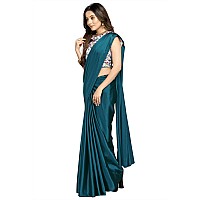 Kaugalian store Plain Satin Silk Saree with Printed Blouse piece for girls and women. (Blue) (PRUSSIAN BLUE)