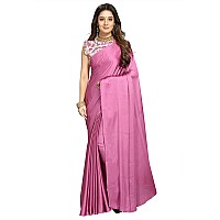 Kaugalian store Plain Satin Silk Saree with Printed Blouse piece for girls and women. (Blue) (MAGENTA)