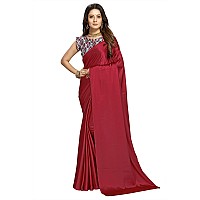 Kaugalian store Plain Satin Silk Saree with Printed Blouse piece for girls and women. (Blue) (MAROON)