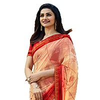 RAJESHWAR FASHION WITH RF Womens Georgette Printed Fancy Sarees For Festival With Jacquard Lace Border & Unstitched Blouse Piece(Beige)