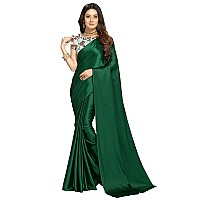 Kaugalian store Plain Satin Silk Saree with Printed Blouse piece for girls and women. (Blue) (GREEN)