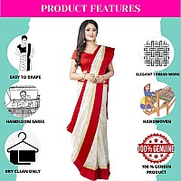 T.J. SAREES Womens Kanjivaram Silk Garad Saree Soft Design With Blouse Piece Saree for All Occasion White-Red (Pack of 1)