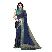 SOURBH Womens Plain Weave Chiffon Floral BorderPalav Printed Saree with Blouse Piece 25814Navy Blue Turquoise